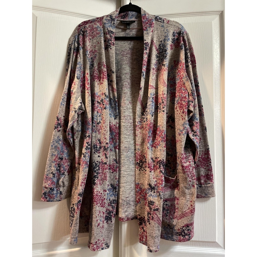 Lane Bryant Cardigan Womens Plus 26/28 Gray Floral Open Front Pockets Knit